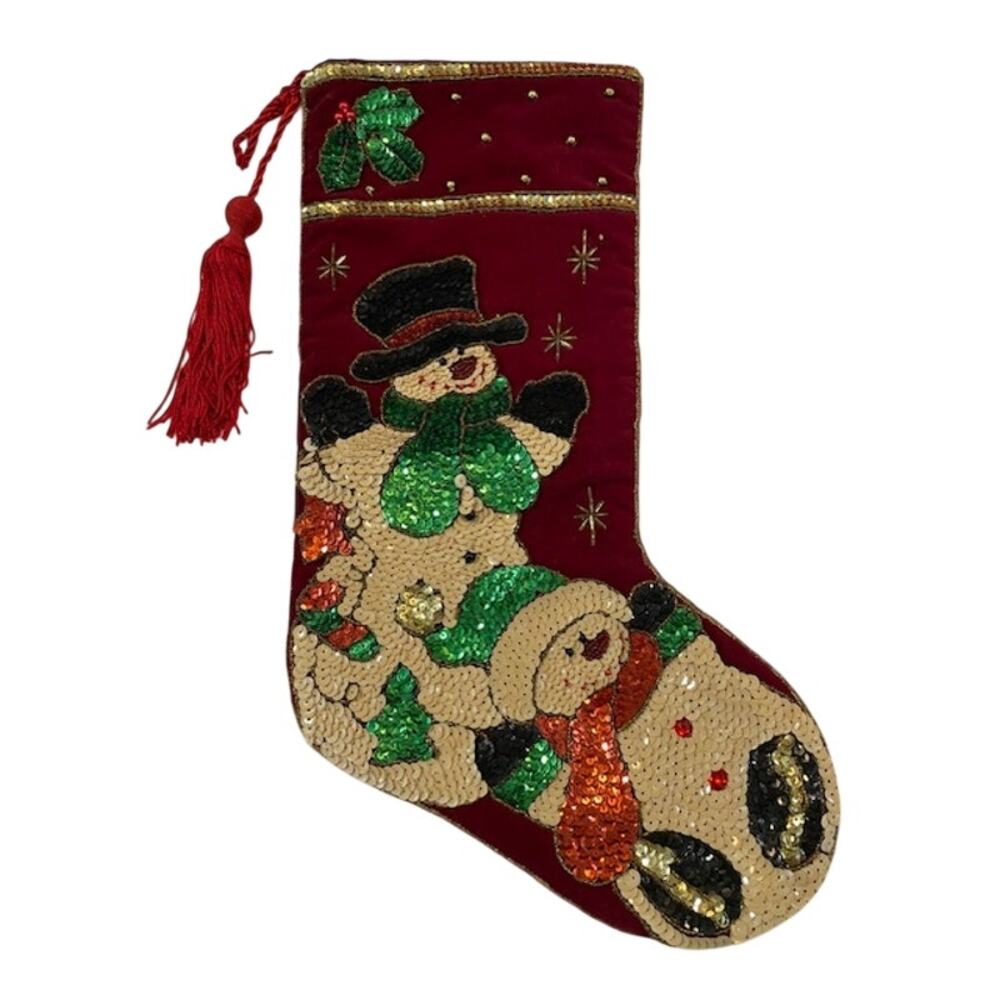 VTG. Bombay & Company- Beaded Snowman Velvet Christmas Stocking